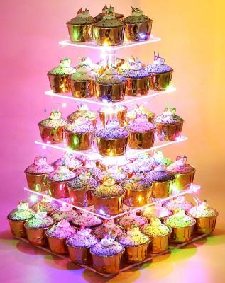 China Viable Custom Gold 5 Tier Acrylic Display Cake Stands With Lights For Wedding Cakes for sale