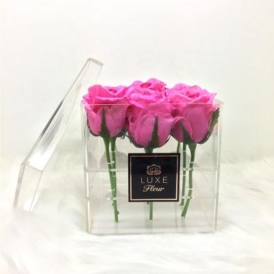 China Factory Promotions Eco-friendly Rose Gold Logo Square Flower Hot Stamping Acrylic Box For 9 Roses Display. for sale