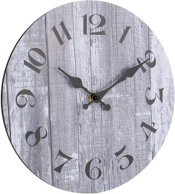 China Antique Rustic Wood Craft Style Tuscan Country Vintage Decorative Round Wall Clock Gray Silent Non-Ticking Wooden Solid for sale