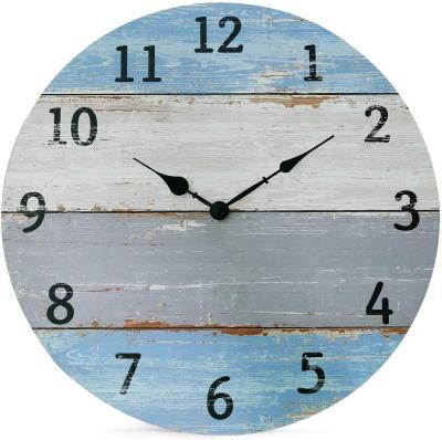 China Custom Antique Style Home Decor Vintage 16 Inch Rustic Coastal Beach Wooden Blue Wall Clock For Kitchen Living Room Bedroom Office for sale