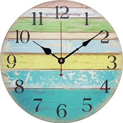 China Antique Decorative Vintage Rustic Colorful Tuscan Country Style Large Non Ticking Silent Wooden Farmhouse Decor 12 Inch Wall Clock Retro for sale