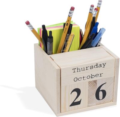 China Europe Desk Or Home Decorative Cube Desk Block Calendar Pen Holder Unfinished Wood For DIY Projects Natural for sale