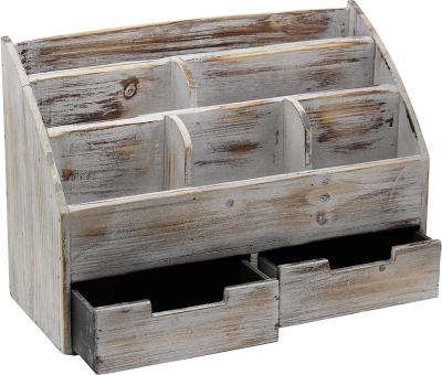 China Rustic Distressed Burnt Wood Vintage Desk Organizer and Mail Holder Stocked for Tabletop or Desk Counter for sale