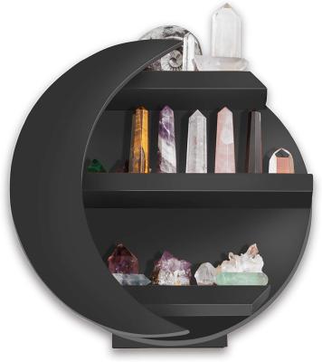 China Modular Customized Large Black Wooden Moon Shaped Essential Oil Crystal Display Shelf for sale