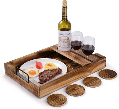 China Farmhouse Tray Wooden Wine Tray serving rustic burned with stand and glass coasters for sale