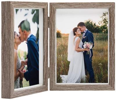 China Rustic Rustic Table Top Wooden Hinged Double Photo Frames Wedding Guestbook for sale