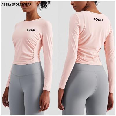 China Wholesale Custom Breathable Pleated Lightweight Naked Yoga Wear Womens Long Sleeve Yoga Tops Workout Shirt Elastic High Waisted Women for sale