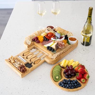 China Disposable 100% Home Organic Wooden Tray Large Bamboo Cheese Board Dish and Charcuterie Sets for sale