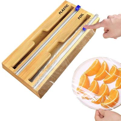 China Sustainable Aluminum 2in1 Dispenser Storage Organizer Two Slots Bamboo Envelope Dispenser With Cutter for sale