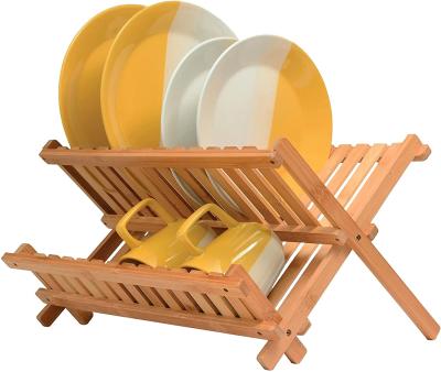 China Viable Hot Sale 2 Tiers Dish Drainer Rack Kitchen Bamboo Wooden Foldable Drying Rack For Countertop for sale