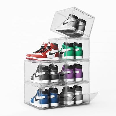 China Fashion Standable Acrylic Plastic Magnetic Open Shoe Box Foldable Clear Display Box For Organizer Basketball Sports Shoes for sale