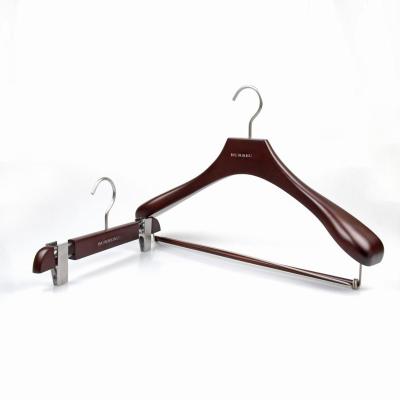 China High Quality Eco-friendly Material Wooden Trouser Hanger With Clips Customized Logo for sale