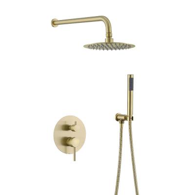 China Modern Round SS304 8inch Slide Bar Hidden In The Wall Brush Gold Rain Shower Mixer Set For Bathroom for sale