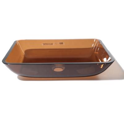 China Contemporary Brown Shape Clear Bronze Color Bathroom Rectangular Tempered Glass Sink for sale