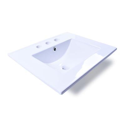 China Modern White All In One Piece Bathroom Sink And Countertop Hand Wash Basin With Three 3 Faucet Holes for sale