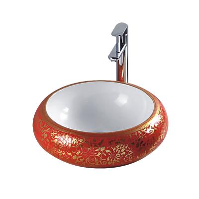 China 2019 Fashion Modern Table Top Design Vanity Hand Basin Bathroom Face Sink Sink With Red And Gold Design for sale