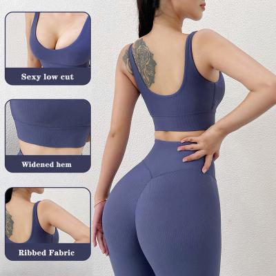 China Wholesale Custom High Print Strappy Top Bra Yoga Gym Nude Bra Breathable Sports Crop Women's Sexy Ribbed Hot for sale