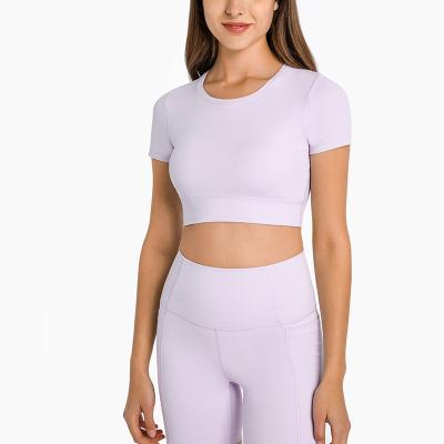 China New Sexy Cropped Sleeves T-shirts Breathable Solid Sportswear With Padded High Quality Fitness And Yoga Wear For Women for sale