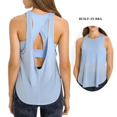 China Breathable Gym Sleeveless Backless T-shirt Sportswear Women Yoga Running Tank Tops With Built In Loose Bra Fitness And Yoga Wear for sale