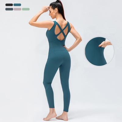 China 2022 Summer Logo Breathable High Quality Custom Active Yoga Set Gym Wear Cross Back Raise One Piece Set for sale