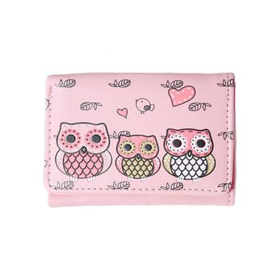 China Small Waterproof Cute Magnetic Buckle Cartoon Owl Lady Short Pu Leather Three Fold Wallet Coin Purse Card Holder for sale