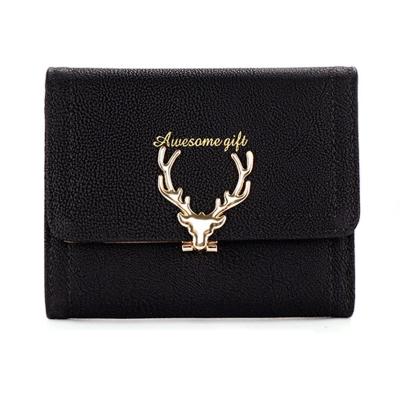 China 2021 New Student Cute Folding Wallet Female Leather Frosted Short PU Anti-theft Zipper Buckle Antlers Small for sale