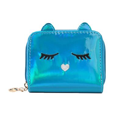 China New Waterproof Ladies Short PU Leather Cute Laser Cartoon Cat Shape Zipper Student Coin Purse Card Holder for sale