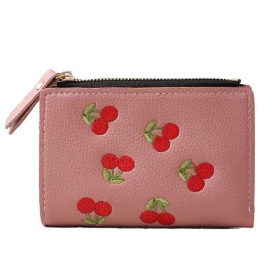 China New Student Fashion Simple Vertical Buckle Cherry Embroidered Short Style Small Cute Wallet Purse for sale