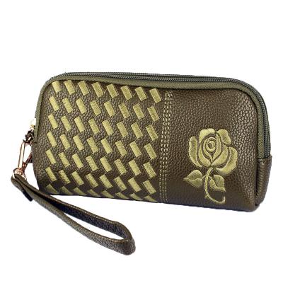 China Large Capacity Waterproof Women's Multifunctional PU Leather Mid Length Embroidered Lotus Retro Phone Bag Wallet Clutch for sale