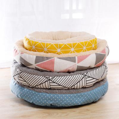 China Warm And Non-slip Canvas Style Round Nest New Colorful Pet Kennel Lamb Wool Nest Single Mat Pet Plush Bed for sale