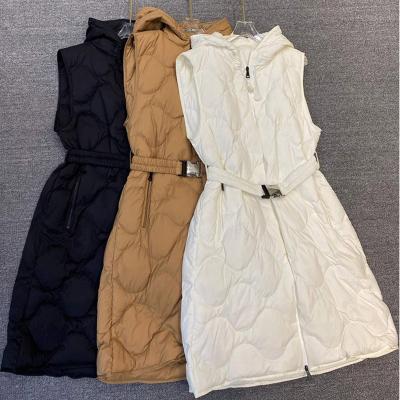 China Women Waterproof Long Down Coat Fashion Duck Down Padding Hooded Sleeveless Invests Jacket Belt Casual Coats for sale