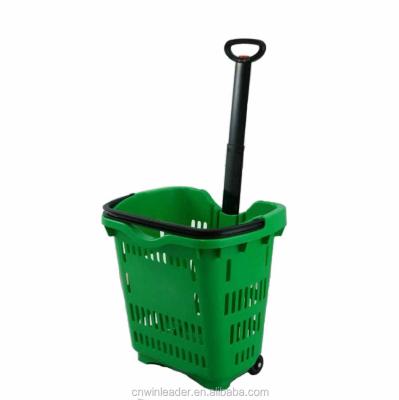 China Durable Plastic Rolling Basket Plastic Shopping Cart Trolley Baskets With Wheels for sale