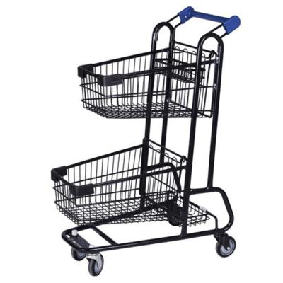 China Durable Steel Supermarket Grocery Folding Two Tier Shopping Cart With Double Basket for sale