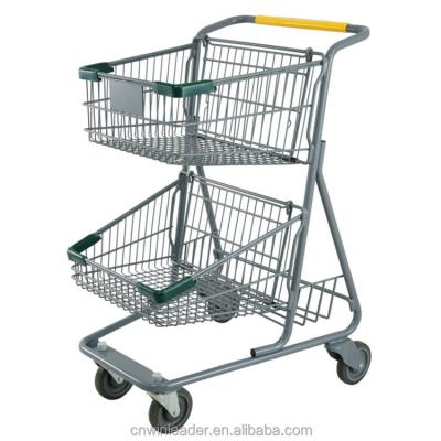 China Durable Heavy Duty Supermarket Trolleys / Shopping Carts Basket Double Layer for sale