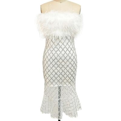 China 2022 New Design Elegant White Feather Mermaid Anti-static Fishtail Slim Even Dresses for sale