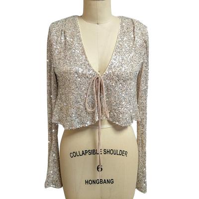 China Anti-wrinkle New Arrival Hot Sale Long Sleeve Club Silver Shinny Elegant Sequin Coat for sale