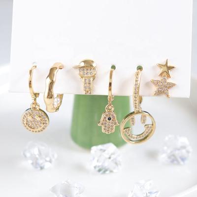 China 2021 Trending Products Romantic Star Earrings CZ Zircon Hamsa Jewelry Wholesale Happy Face Earring Set for sale