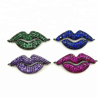 China Fashionable Colorful Brass+Zircon Micro Pave CZ Lips Charm Bracelet Jewelry Connector For Wholesale for sale