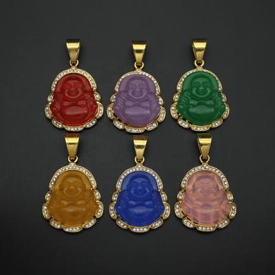 China 2020 New Arrivals Religious Jade Jewelry Stainless Steel CZ Zirconia Green Buddha Pendant for sale