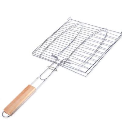 China Easily Cleaned Stainless Steel Folding Grilling Fish Basket With Wooden Handle for sale