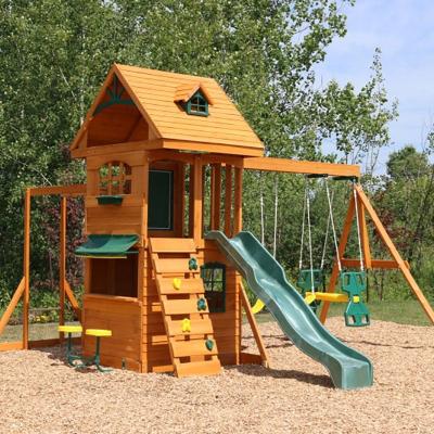 China Kindergarten Infant Wooden Swing Slide Set For Family Outdoor Backyard Use Playground Amusement Park Wooden Slide for sale