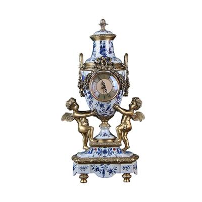 China Decorative Antique Imitation European American Antique Blue and White Porcelain with Bronze Angel Clock for sale