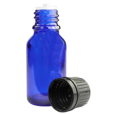 China 15ml Cosmetic Blue Glass Dropper Bottle And 18mm Black Tamper Evident Cap for sale