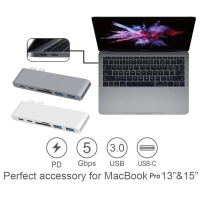 China Dual USB-C USB C HUB with SD/TF Card Reader 2 USB 3.0 Type C Power Delivery HUB Thunderbolt Type-C HUB for MacBook Pro for sale