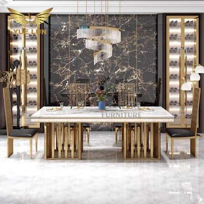 China Foshan Furniture Eco-Friendly Dining Table 8 Seater Set Modern Stainless Steel Metal Leg Marble Dining Tables for sale