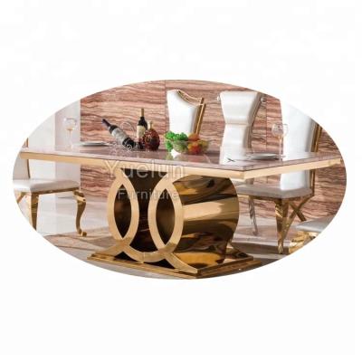 China Modern marble gold stainless steel dining table set new eco-friendly LDI-0003 six seater design for sale