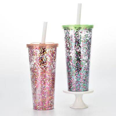 China 24oz/700ml Fashion Sequin Plastic Viable Personalized Glitter Straw Straight Cup for sale