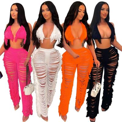 China 2022 Summer Crop Breathable Sexy Tops Knitted 2 Piece Pants Tracksuit Set Tracksuits Plus Size Panty Two Piece Set Ladies Team Beach Wear for sale