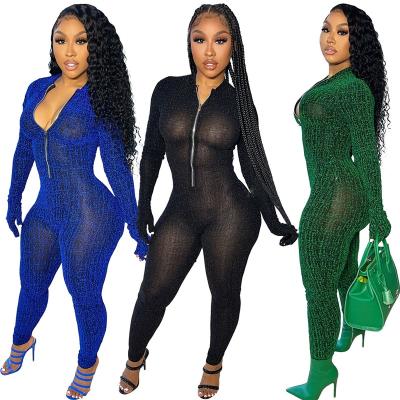 China Anti-pilling Zipper Lady Club Colors Long Sleeve Overalls Sheer Mesh Jumpsuit See Through Bodysuits 3 Rompers Women Wear for sale