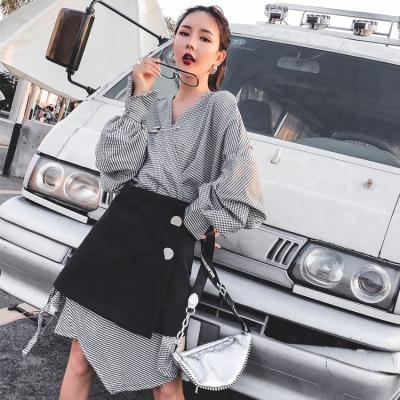 China Women Anti-Shrinkage Spring V-Neck Two-Piece Suit Irregular Cut Sleeves Shirt Dress Fashionable Long Plus Short Skirt for sale